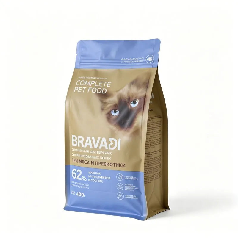 Custom Eight Side Seal Flat Bottom Pet Food Bag